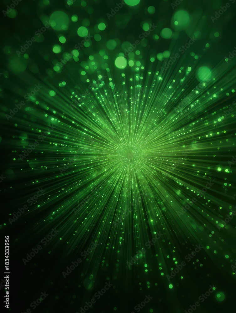 Fototapeta premium radial green glowing rays with bokeh circles on dark gradient background for big data visualization and green tech wallpaper
