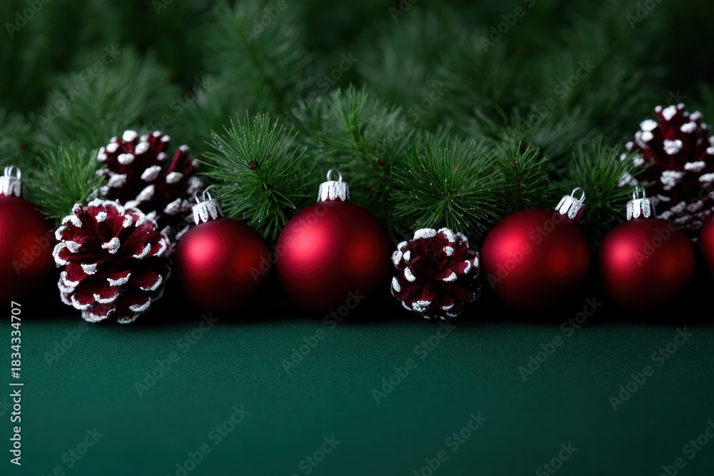 Naklejka premium Holiday Cheer: Embellished with festive red ornaments and textured pine cones, nestled amongst vibrant evergreen branches.
