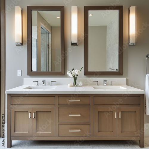 Modern bathroom with double mirrors, elegant cabinetry, and stylish lighting. neutral tones create sophisticated , perfect for relaxation and functionality