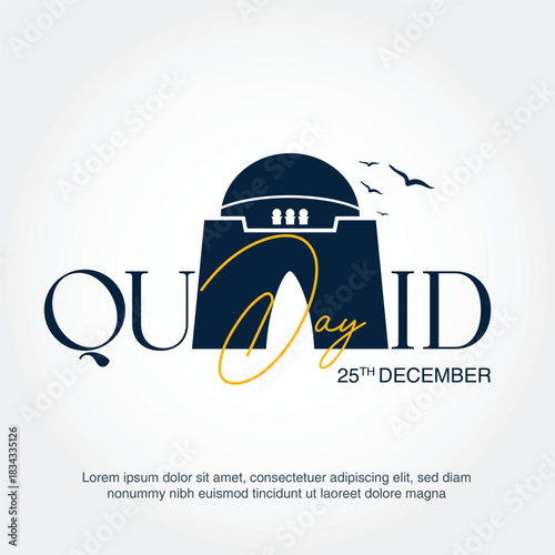 Quaid-e-Azam Day 25th December Vector Illustration with Mazar-e-Quaid Silhouette. Pakistan National Holiday Tribute Poster.