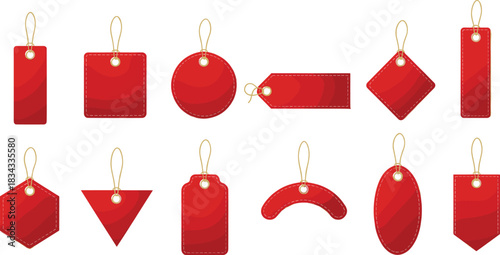 Large Collection of Blank Red Vector Price Tags and Sale Labels in Various Shapes with Stitching Details, Perfect for Retail, E-commerce, and Discount Promotion