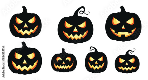 Collection of seven spooky carved jack o'lanterns with glowing eyes and mouths on a white background.