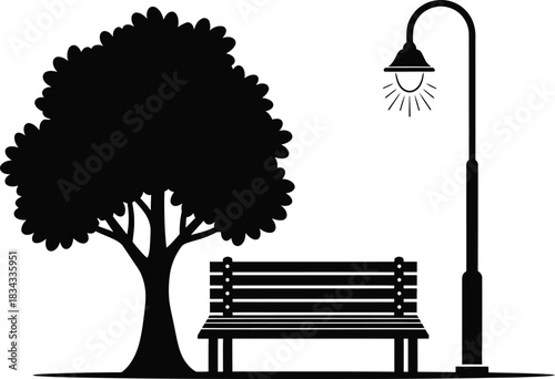 Park bench tree and streetlight black and white silhouette