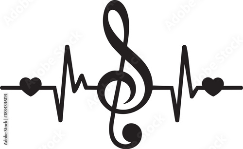 A graphic representation of a heartbeat line incorporating a treble clef and small hearts, symbolizing the connection between music and life.