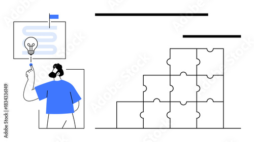 Problem solving. Iconic puzzle blocks solutions and a man sharing innovative ideas with a light bulb. Problem solving, teamwork, and creative brainstorming. Great for business strategy, team
