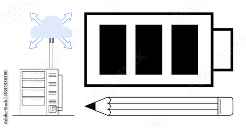 Technology infrastructure, data management, cloud computing, energy storage, creativity, innovation. A cloud server, a battery icon and a pencil. Data management and energy storage themed concept