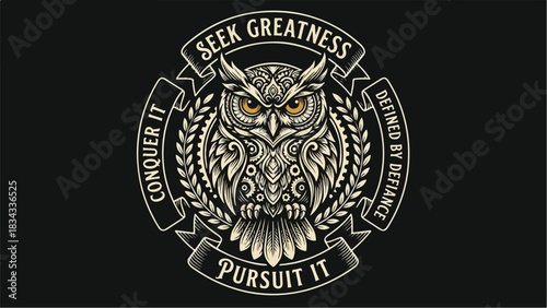 Intricate Owl Illustration with Motivational Text and Decorative Elements.