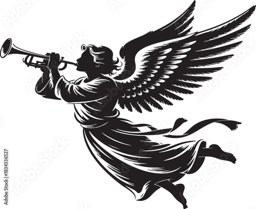 A silhouetted angel with large wings plays a trumpet while in mid-air, its robes flowing behind.