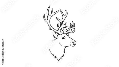 Majestic deer head outline with impressive antlers, a symbol of wilderness and nature, perfect for logos, tattoos, and outdoor themed designs