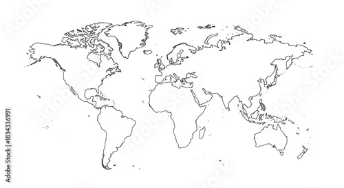 Outline map of the world showing continents and oceans in black and white.
