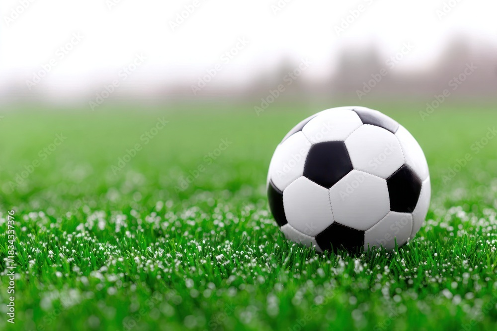 Fototapeta premium Soccer ball on grass: A classic soccer ball rests on a bed of vibrant green grass, its iconic black and white panels contrasting beautifully against the verdant field, ready for the game to begin.