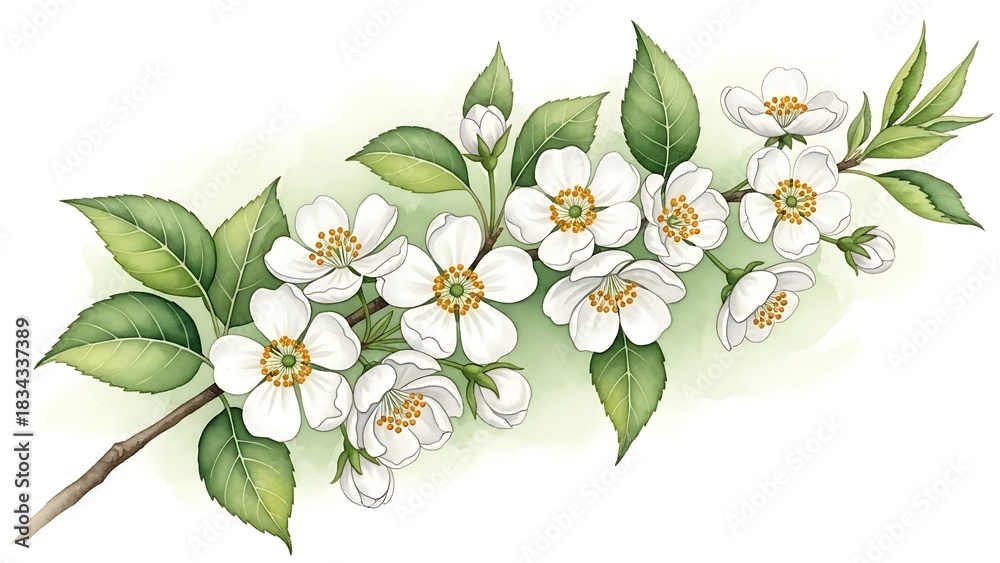 Obraz premium Watercolor illustration of white spring blossom branch isolated on white background