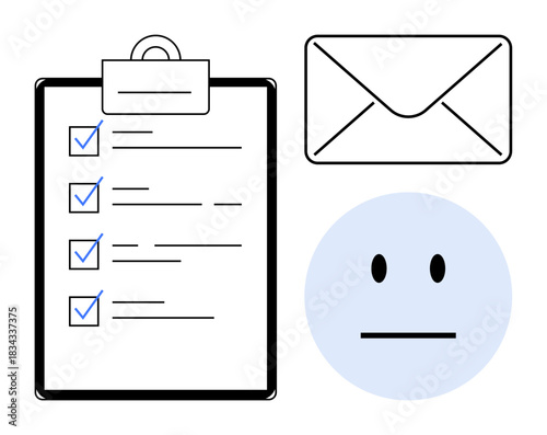 Task management, communication, productivity tools, organization, feedback, goals. A checklist with marked tasks, an envelope and a neutral face. Task management and communication concepts