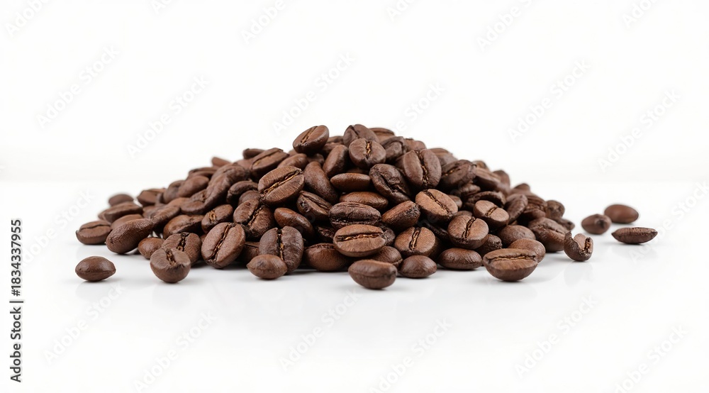 Naklejka premium Scattered roasted coffee beans on a white background. Macro photography, isolated object, place for text. The concept of fresh coffee and an invigorating morning.