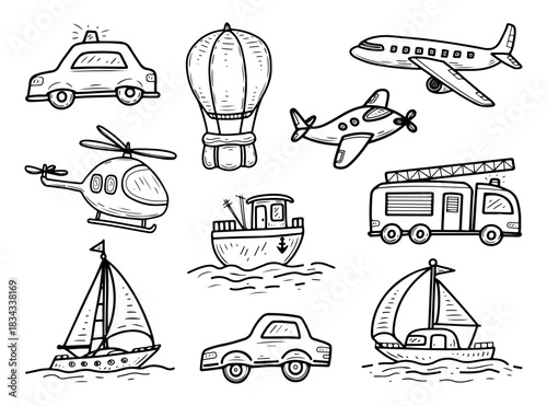 Transport set. Hand drawn sketch vector. Car, plane, ship. Land water air transportation. Fire truck police car. Driving. Helicopter, hot air balloon. Flying. Boat, yacht. Line art illustration.