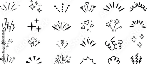 Line surprise icon element set. Hand drawn line sun bursts, cartoon star sparkles, and playful surprise rays with comic starburst and whimsical sunshine comic effect elements. Vector illustration.