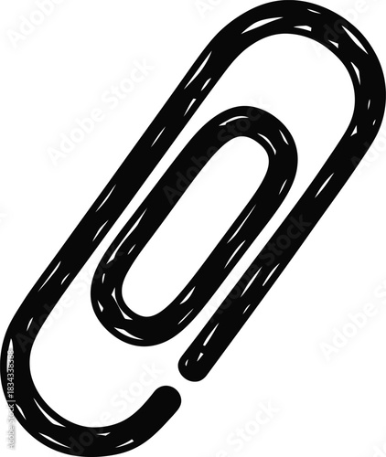 Hand-drawn paperclip icon, doodle solid black on white, with a slightly bent shape, quick stationery sketch