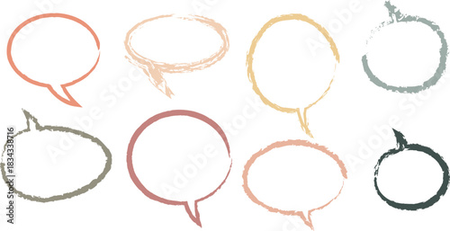 Vibrant Hand-Sketched Doodle Speech Bubble Vector Set with Colorful Textured Hatching Effects, Abstract Communication Brush Outline Quirky Chat Shapes, and Creative Design Elements