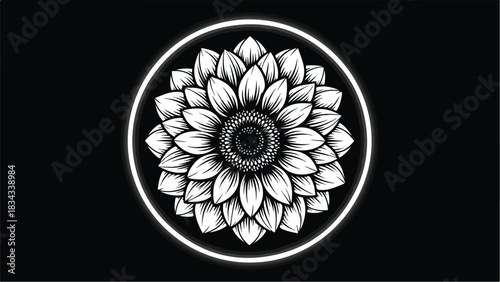 Elegant Sunflower Artwork in a Circular Frame on Black Background.