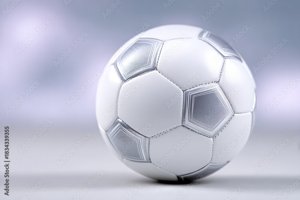 Naklejka premium Soccer Ball Close-Up: A pristine soccer ball is displayed, featuring a classic design and smooth texture, inviting to play.