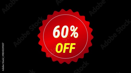 A vibrant red discount sticker with jagged edges displaying '60% OFF' video in white and yellow text on a solid black background, indicating a significant sale.