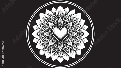 Elegant black and white mandala with a heart in the center perfect for design.