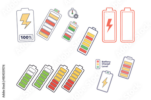 Colorful Battery Level Icons — Power Charge Indicator Vector Set