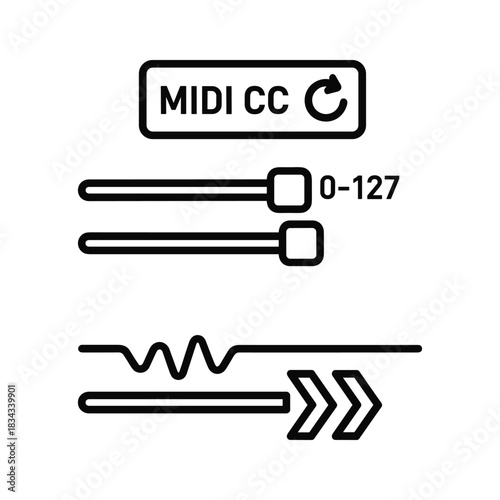 Midi cc control faders, audio wave, and arrows icon vector art