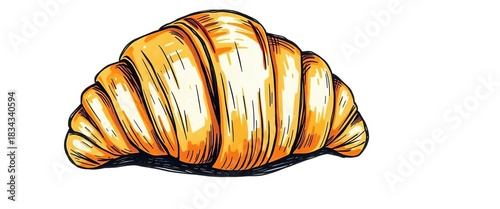 A rustic, hand-drawn style croissant illustration, showing flaky layers and golden-brown color, background, illustration
