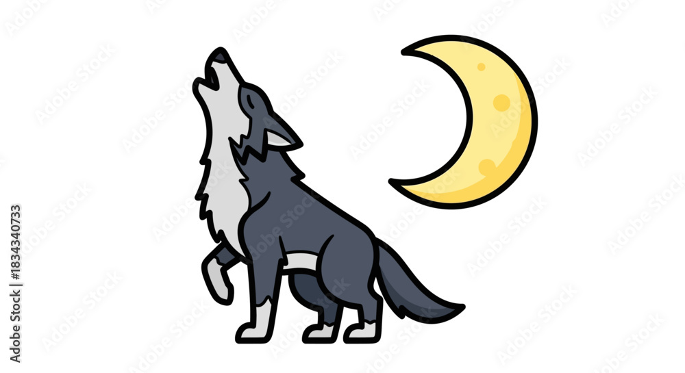 Εκτύπωση καμβά Cartoon Wolf Howling at the Moon Illustration for Fantasy Nature and Design Proj