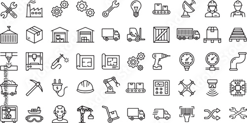 Set of black and white line icons representing industry, manufacturing, engineering, and logistics