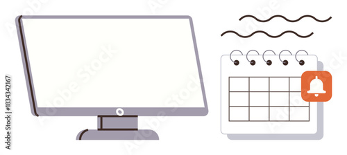 Desktop monitor next to a calendar featuring a notification bell icon and abstract lines. Ideal for productivity, time management, office work, digital workspace, planning, goals, simple flat