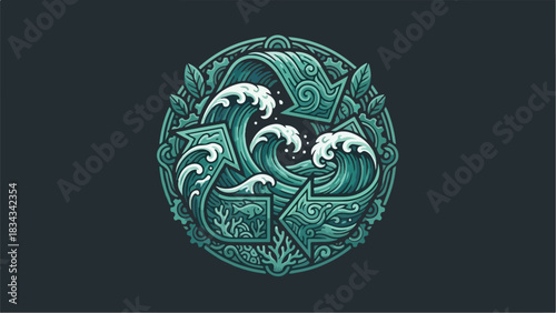 Artistic recycling symbol with ocean waves environmental conservation concept.