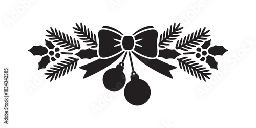 Black silhouette features festive holiday foliage with bow and ornaments against a white background