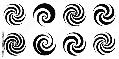 Collection of eight abstract black and white swirling vortex shapes representing motion and energy in a graphic design pattern