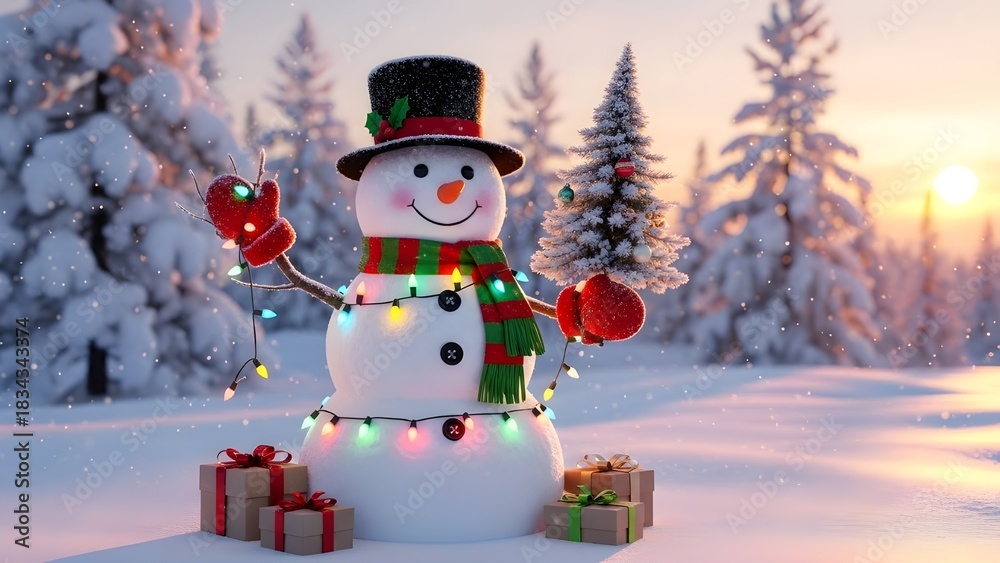 Fototapeta premium Cheerful snowman with gifts in a snowy winter wonderland scene