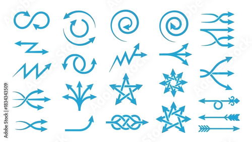 Stylized Blue Vector Icon Set of Wind and Airflow Patterns – Featuring Arrows, Swirls, and Circular Motions for Visual Themes in Weather, Motion Graphics, Environmental Design, and Aerodynamic Concept