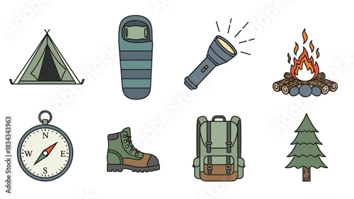 Set of essential camping and hiking gear icons