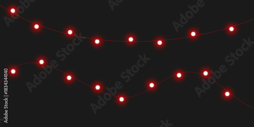 Two festive strings of glowing red Christmas lights draped against a dark, solid background, creating a simple and minimalist holiday design.