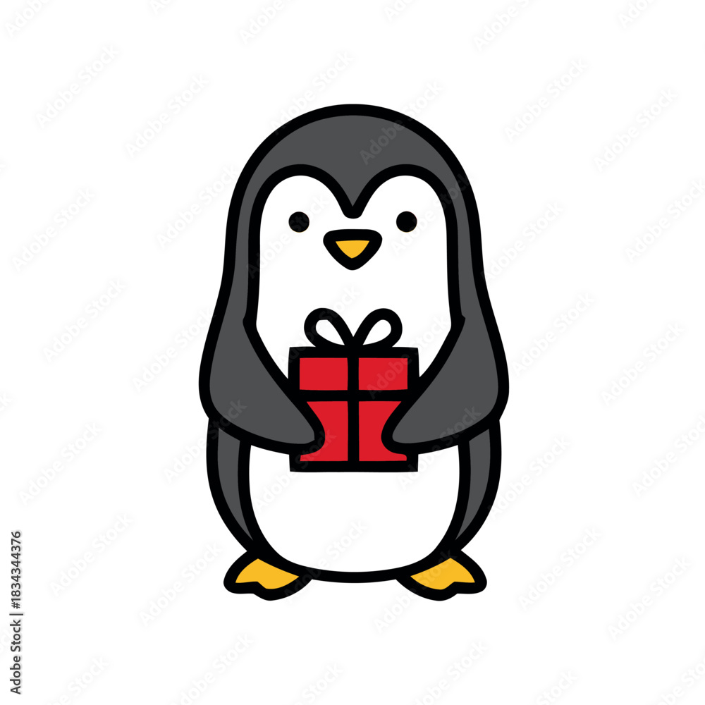 Obraz premium Penguin Holding a Red Gift Box with a Ribbon on a White Background
