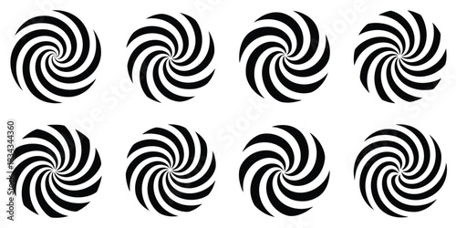 Eight swirling hypnotic optical illusion vortex patterns creating a sense of motion and depth on a plain surface