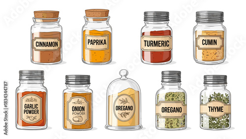 Collection of eight spice jars with labels