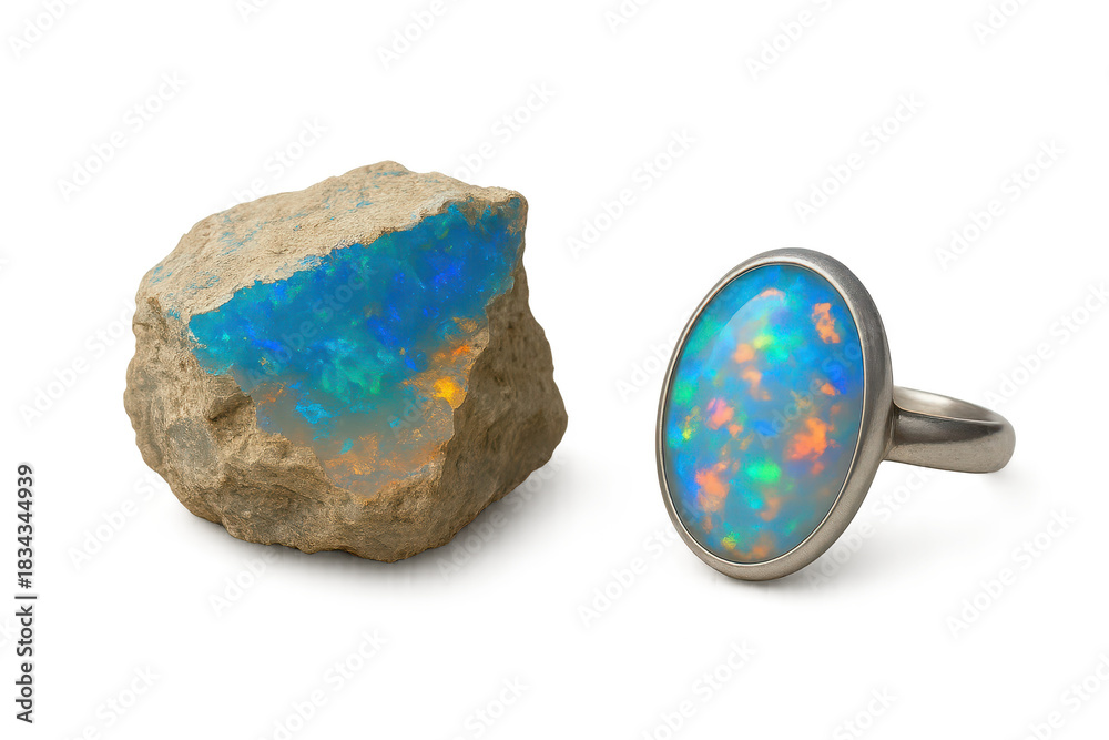 Fototapeta premium Raw opal stone and an elegant opal ring, isolated on transparent background.
