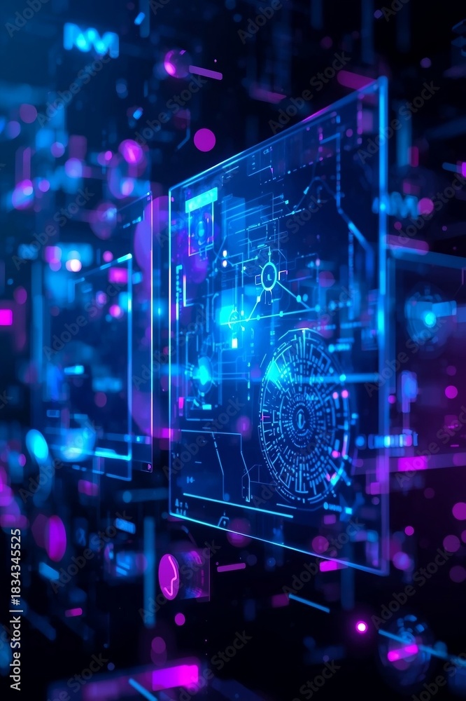 Fototapeta premium Futuristic holographic interface with transparent digital panels, glowing blue and purple accents, AI patterns and circular HUD elements on a minimalistic tech background.