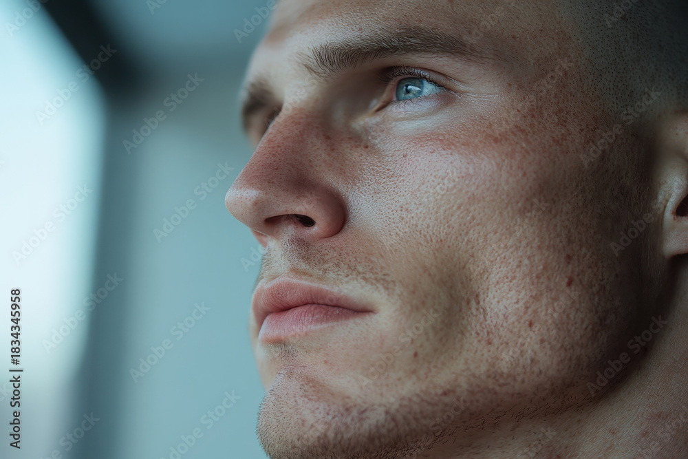 Obraz premium A contemplative close-up portrait highlights the detailed features and deep gaze of a young man, capturing the essence of thoughtfulness and introspection.