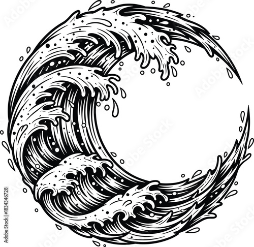 wave, crescent, ocean, water, splash, flow, motion, black, white, illustration, stylized, tattoo, graphic, nature, energy