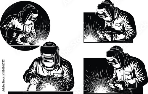 welding, worker, sparks, helmet, gloves, torch, metal, fabrication, safety, gear, black, white, illustration, industrial, job