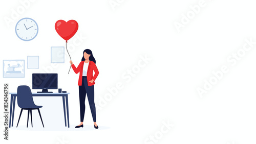 Businesswoman with Heart Balloon in Office for Love and Workplace Relationships