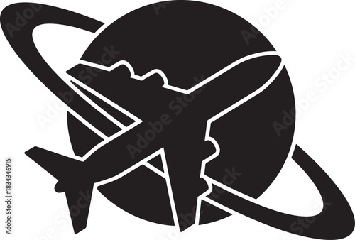 Airplane flying around a planet in a silhouette