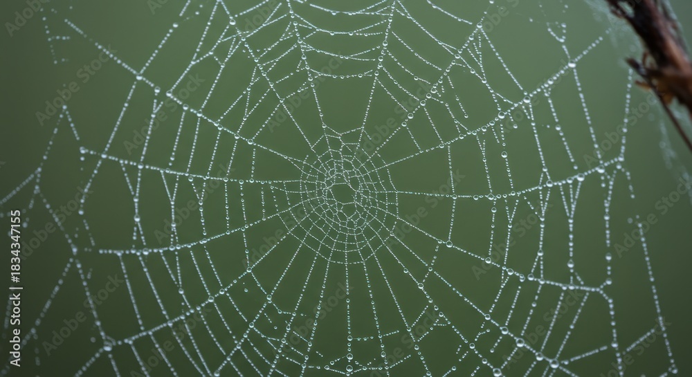 Fototapeta premium Intricate orb weaver construction glistens covered in numerous morning dew droplets